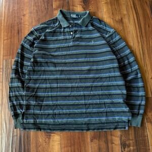 Vintage Polo Ralph Lauren Cotton Rugby Long Sleeve Polo Gray Blue Stripes Men XL